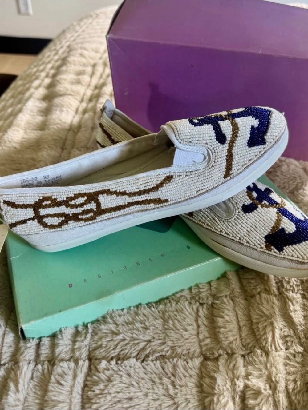Beaded Slip-On Loafers in Cream with Navy & Brown Accents